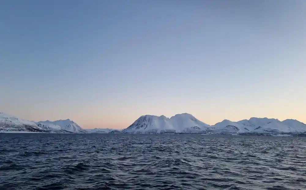 A low snow ridge on the horizon under a pale sky
