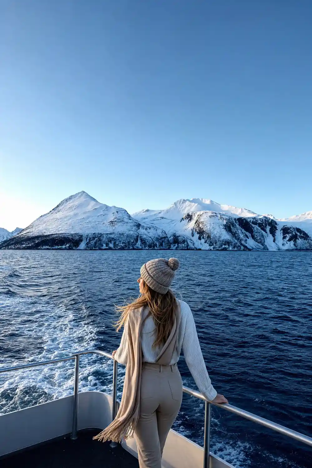 Sharp snow peaks across the fjord in clear blue light