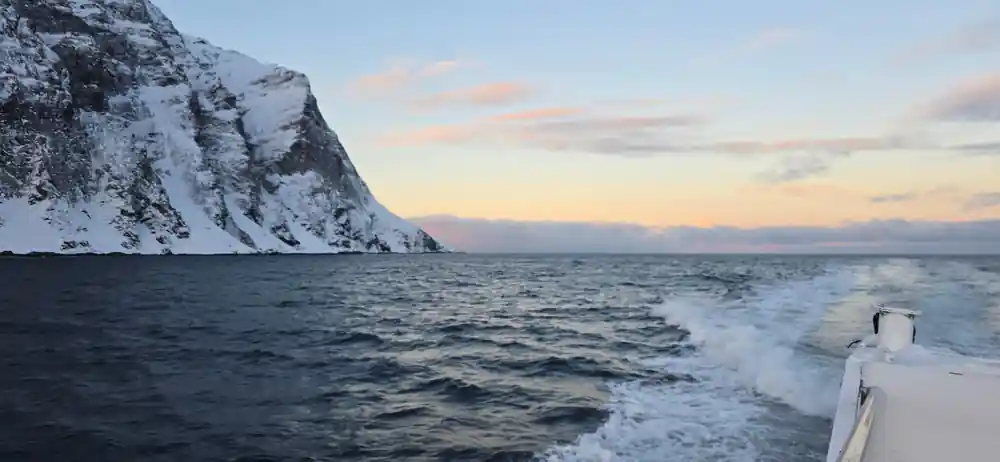 A steep snow peak dropping to the sea with the wake below