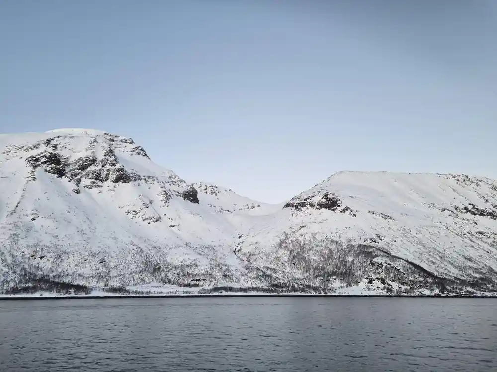 A twin-peaked snow mountain across a still fjord