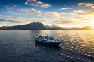The whale-watching boat on a calm fjord with snow mountains behind